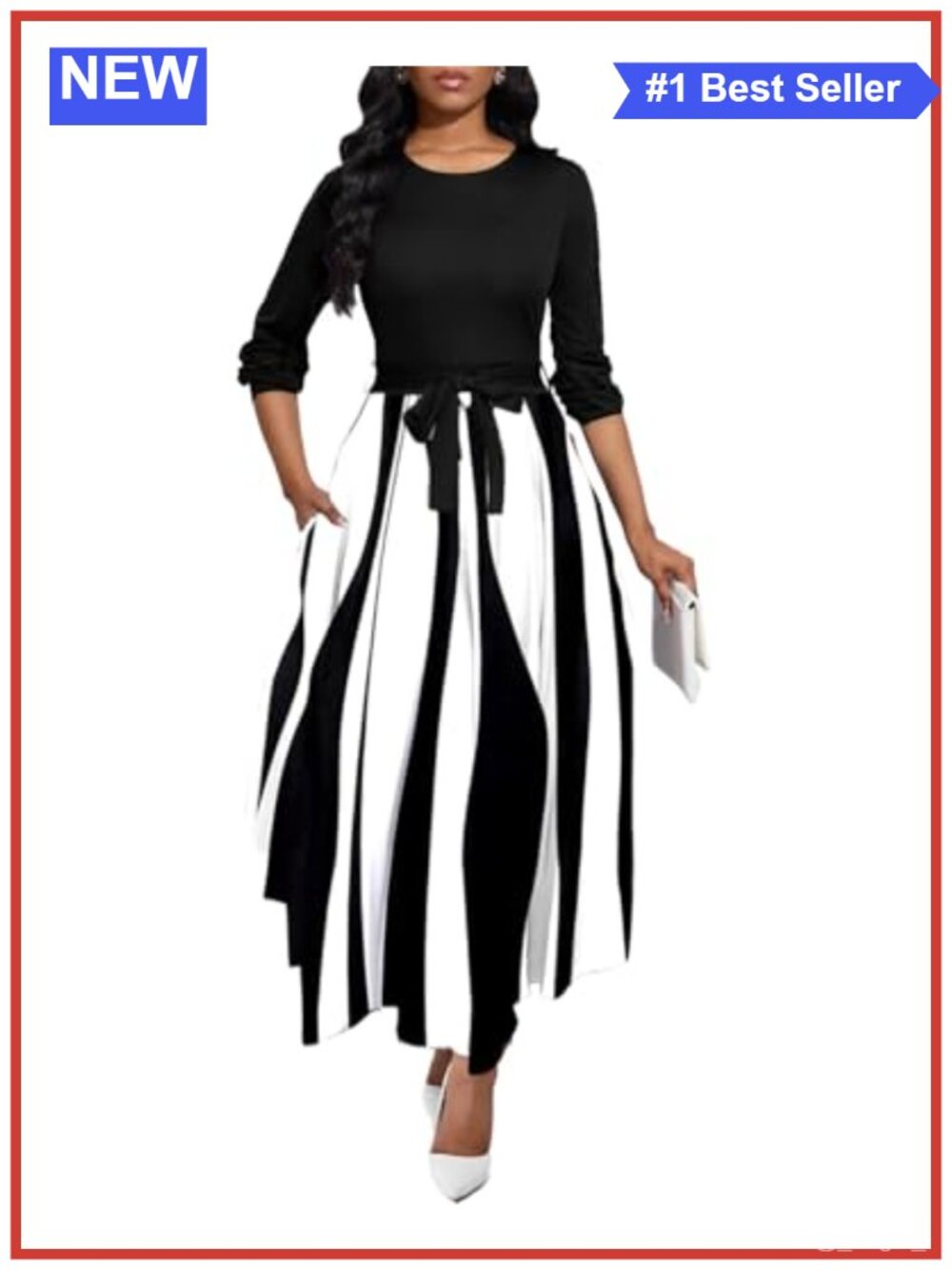 Long Sleeve Maxi Dress with Belt Empire Waist Flowy Casual
